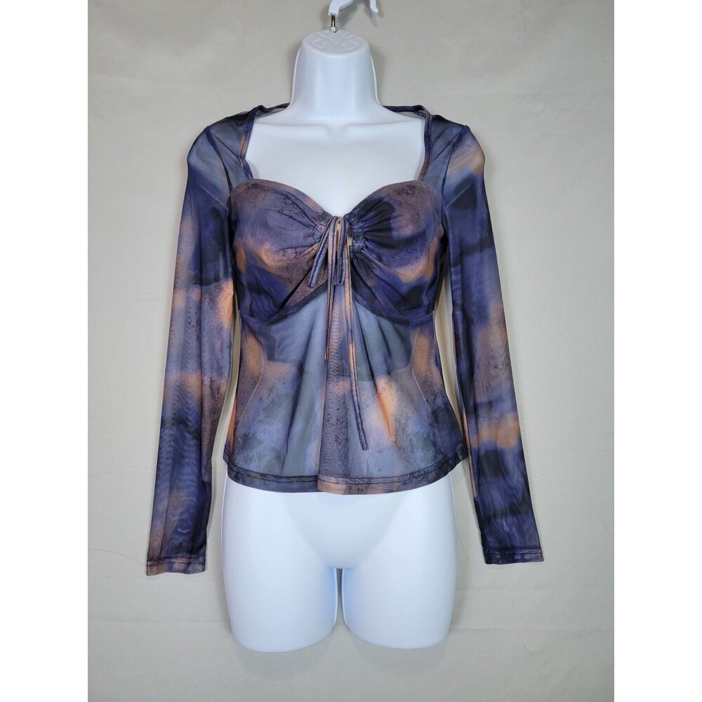 Womens Tie Dye Sheer Mesh Small Blouse Top Sweetheart Long Sleeve Fairy Grunge